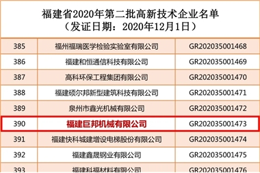 巨邦机械上榜福建省2020年第二批高新技术企业名单